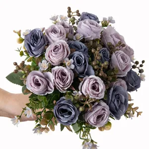 Künstlicher Rosenstrauß für Hochzeit, elegante grauviolette Seidenblumen Tischdeko Zuhause.