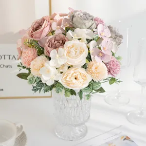 Mazzo di fiori artificiali finta rosa peonia ortensia vaso di vetro decorazione casa festa