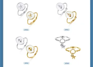 Detailansicht verstellbarer Ringe aus S925-Silber mit Seestern- und Muschelmotiven