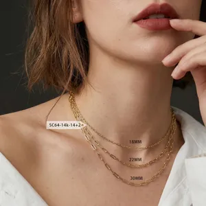 Close-up of 925 silver gold-plated paperclip chain necklace on model neck