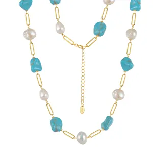 Collier en turquoise naturelle et perles d'eau douce avec maillons en argent 925