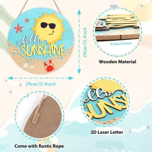 Summer Ocean Beach Hanging Wooden Sign Coastal Beach Theme Home Wall Decor Round Wood Plaque