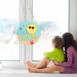 Summer beach round wooden hanging sign coastal theme home wall decor with cute sun design