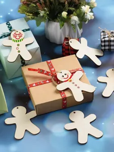 Wooden gingerbread man tags for Christmas tree decoration, DIY crafts, blank wood slices.