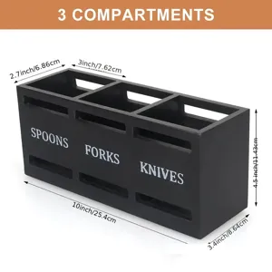 Wooden 3-compartment cutlery storage box, black silverware organizer for kitchen table.
