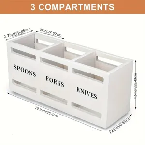 Wooden 3-compartment cutlery storage box detail view, showing size dimensions and compartments.