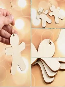 Wooden gingerbread man hanging tags detail view, ideal for DIY Christmas tree decorations.