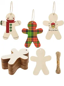 Wooden gingerbread man hanging tags Christmas tree DIY craft ornaments set with twine