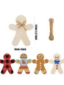 Wooden gingerbread man cutout detail, rustic wood slice tags with natural jute twine string.