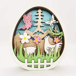 Easter wooden egg LED tabletop decoration craft with spring butterfly and flower design.