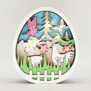 Easter Wooden Tabletop Ornament LED Light Hollow Carved Egg Floral Desktop Decor Modern Minimalist Home Party