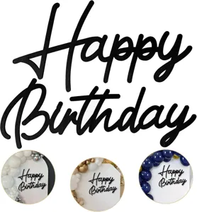 Vue détaillée du panneau Happy Birthday noir avec des scènes de décoration de fête.