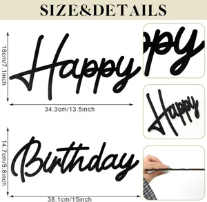 Décoration murale en bois Happy Birthday avec dimensions détaillées clairement affichées.