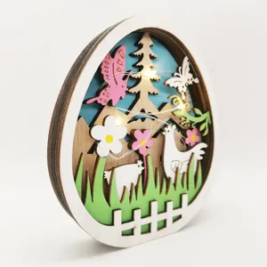 Easter wooden egg LED ornament with spring butterfly and cute chicken desktop decor.