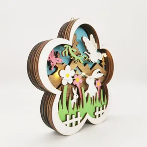Wooden Easter decorative ornament with LED lights, multi-layered hollow spring desktop decor.