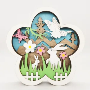 Easter wooden layered LED ornament tabletop decoration spring rabbit flower craft display piece