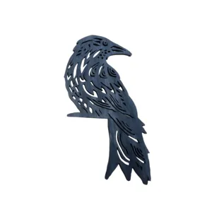 Wooden crow door corner decoration, rustic 2D hollow carved wooden bird ornament for home.