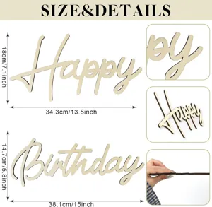 Pancarte en bois Happy Birthday avec dimensions et détails pour déco murale de fête.