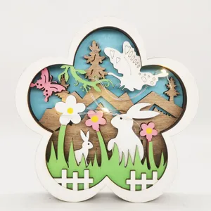 Easter wooden hollow desktop LED ornament with cute bunnies and flowers for spring decor.