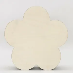 Detailed view of the unfinished wooden five-petal flower shape craft blank for DIY decor.