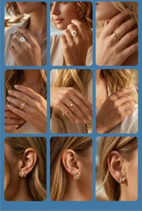 Collage mit eleganten vergoldeten Ringen und Ohrsteckern am Modell mit Strand-Vibes