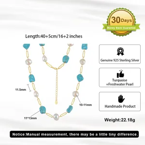 Vue détaillée du collier en turquoise et perles d'eau douce avec dimensions et poids