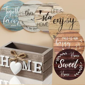 Set van 6 houten onderzetters met houder rustiek rond tafel decoratie voor thuis koffie