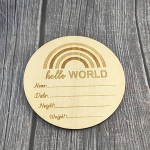 Wooden baby milestone card newborn photography prop engraved rainbow hello world name date height