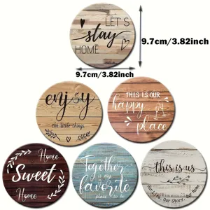 Set van 6 houten onderzetters boerderij ronde tafel bescherming matten met citaten 9,7cm
