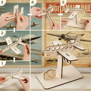 Detailed step-by-step assembly of the 3D wooden airplane puzzle model with display stand.