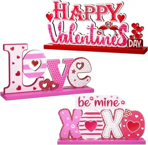 Valentine's Day wooden tabletop sign set, tiered tray decor, love hearts design, red and pink.