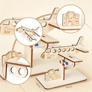 Wooden 3D airplane puzzle model DIY craft gift with suitcase and money holder details.