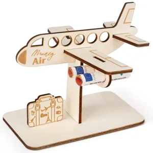 Detailed view of 3D wooden airplane money holder DIY puzzle gift desktop decor item.