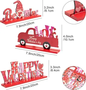 Valentine wooden table sign detail showing size measurements and cute holiday truck decor.