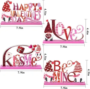 Valentine wooden table sign set with pink base and gnomes, ideal for home tier tray decor.
