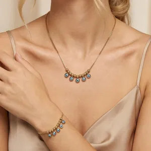 Elegant 18K gold plated stainless steel evil eye necklace and bracelet jewelry set