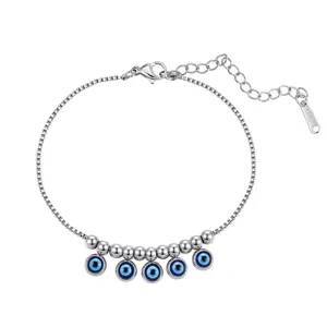 Silver-tone stainless steel bracelet with blue evil eye charms and lobster clasp