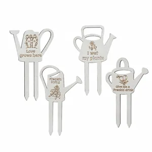Wooden plant markers set featuring cute garden watering can design with engraved quotes for pots.