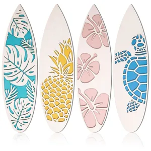 Wooden surfboard wall decor detail, summer tropical beach cutout design set of four.