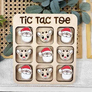 Wooden Christmas Tic Tac Toe game board with cute Santa and reindeer pieces for kids.