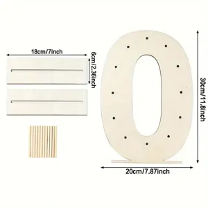 Wooden number donut wall display stand detail, showing components and dimensions for party.