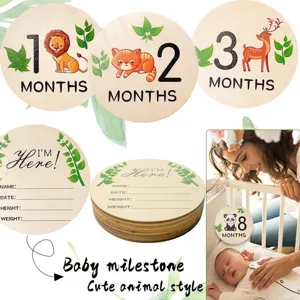 Baby Milestone Wooden Cards Double Sided Printed Animal Monthly Discs Newborn Photography Props Baby Shower Gift