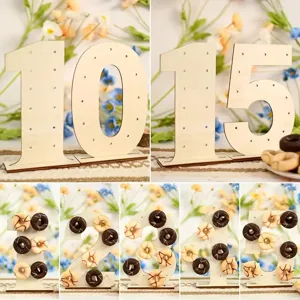 Wooden number donut stand for wedding, birthday party decoration, and anniversary events.