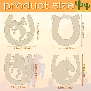 Unfinished wooden horseshoe craft shapes, blank DIY party decoration supplies with sizes.