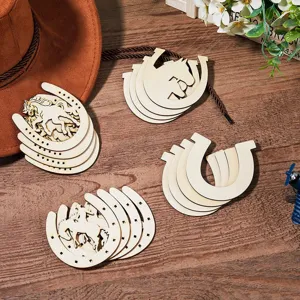 Unfinished wooden horseshoe crafts in 4 shapes, ideal for DIY painting and party decor supplies.