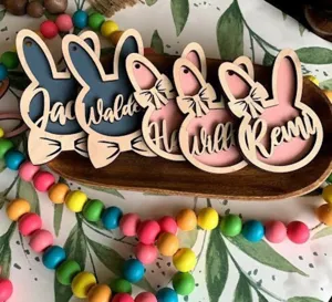 3D Ornements Oreilles de Lapin de Pâques en Bois Étiquettes de Panier Personnalisées