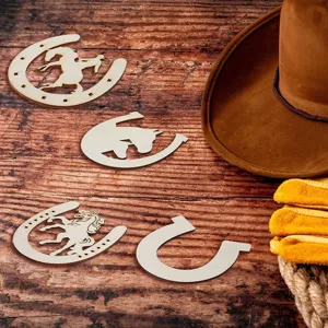 Unfinished wooden horseshoe cutouts in 4 shapes for DIY crafts, rustic party decor details.