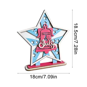 Wooden 4th of July star tabletop ornament detail showing 18.5cm height and 18cm width.