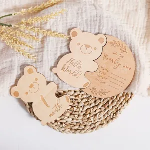 Wooden bear milestone plaque details, newborn growth record photo prop, baby monthly card.