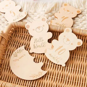 Wooden baby milestone cards detail, cute bear shape month photo props for newborn growth.